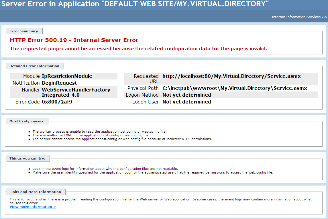 screenshot of 500.19 error