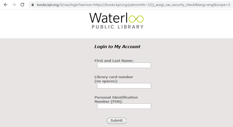 screenshot of Waterloo Public Library patron login form showing 3 text
fields and a submit button
